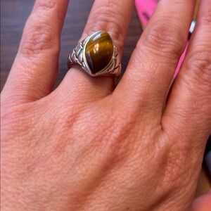 Vintage Sterling Silver Etched Tiger's Eye Statement Ring Size 7